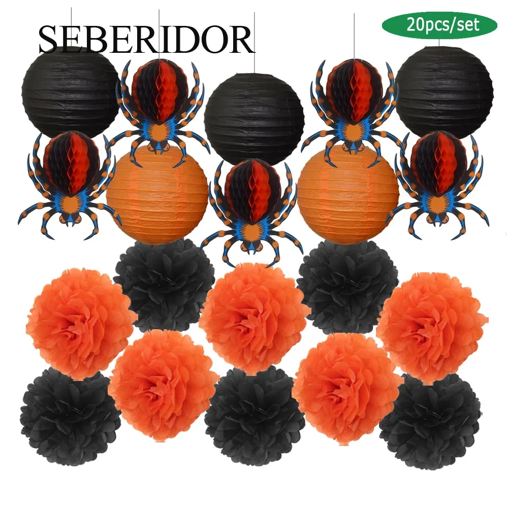 

Счастливая вечеринка на Хэллоуин, набор черно-оранжевых круглых бумажных фонариков, праздничный декор, подвесной паук, сотовый белый помпон из салфеток