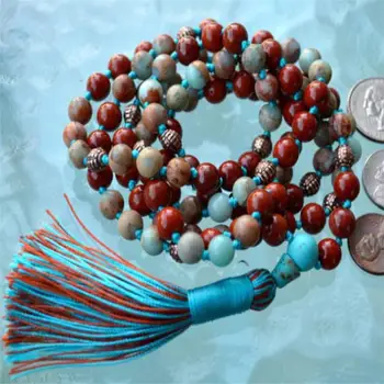 

6mm Amazonite Red Jasper Gemstone 108 Beads Mala necklace Unisex Gemstone cuff men yoga Sutra spirituality Handmade Wristband