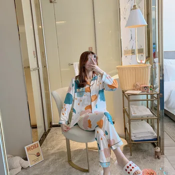 

Korean-Style Autumn Winter Pajamas Women'S Long-Sleeved Cardigan Pure Cotton Confinement Clothing Fold-Down Collar Loose