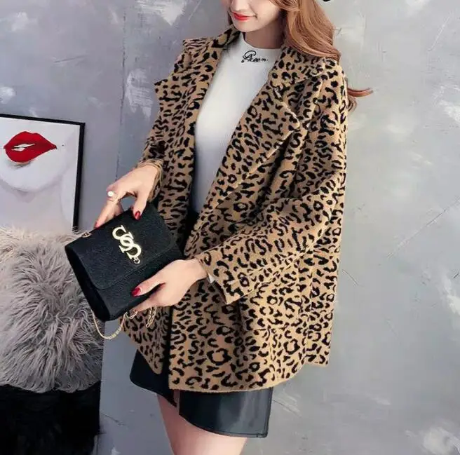 Long sleeve Leopard loose faux mink leather jacket womens winter thicken warm fur leather coat women jackets jaqueta couro B70