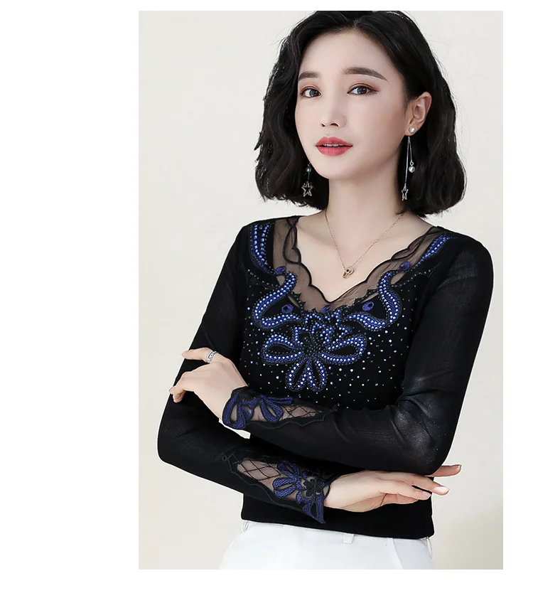 Autumn Fashion Long Sleeve Slim Shirt V-neck Top Women Blouses Bottom Shirt New Female Delicate Embroidery Diamonds 6741 50