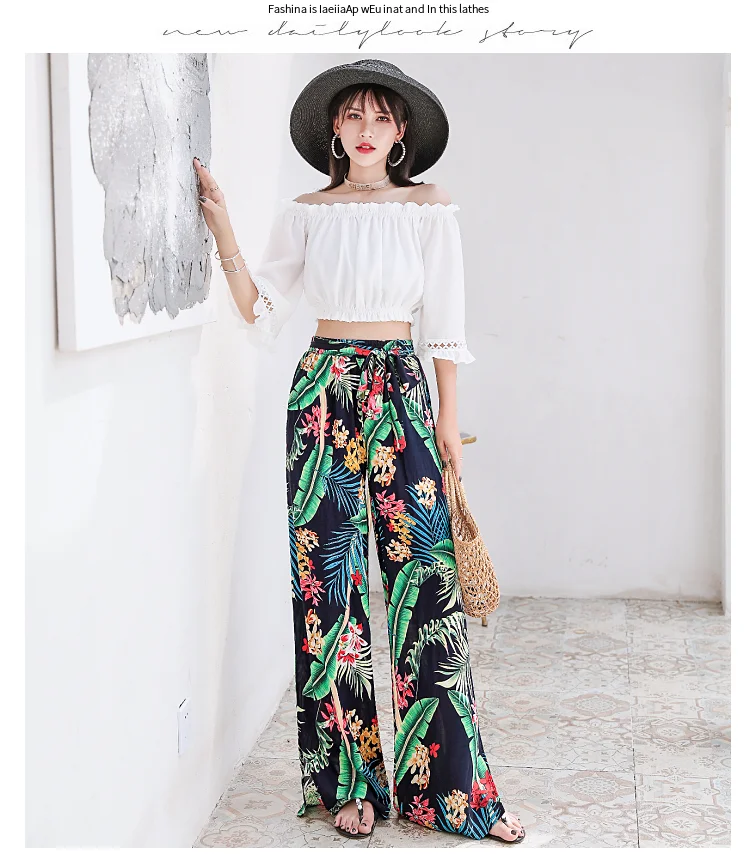 Летнее пляжный отдых Boho Широкие Брюки Высокая талия свободное с цветочным принтом длинные женские брюки повседневные женские Гавайские тайские брюки