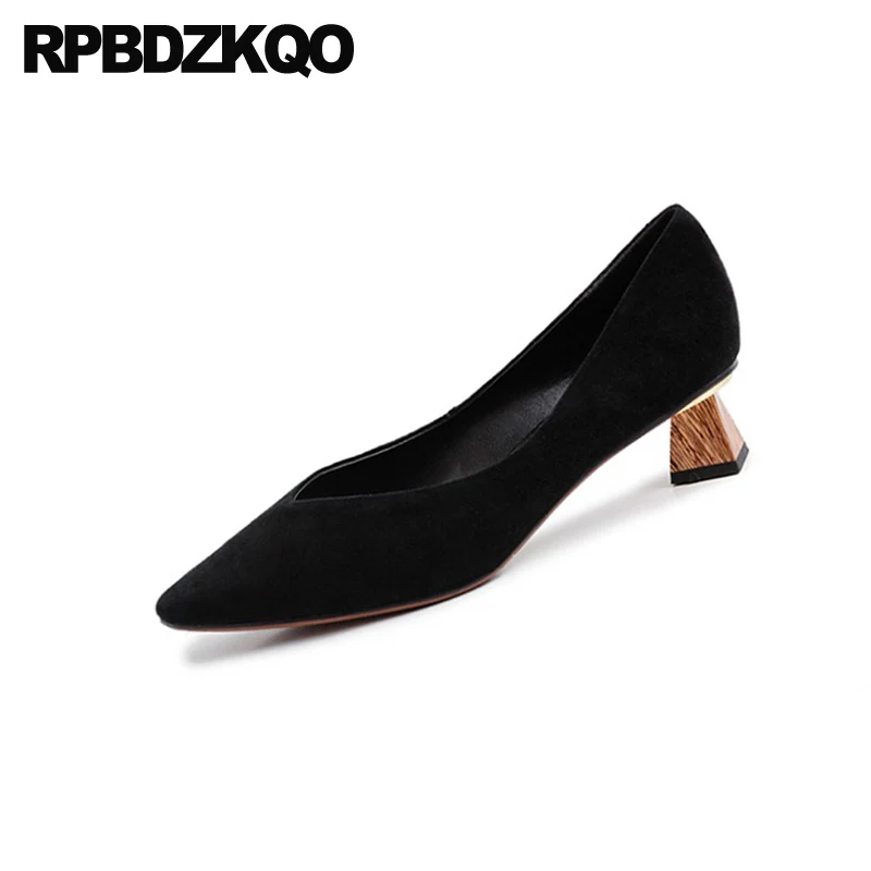 block fashion designer heels women luxury slip on chunky genuine leather black pointed toe suede size 4 34 medium pumps