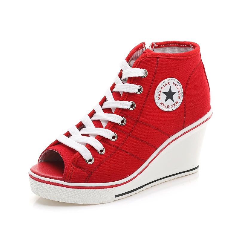 red peep toe BONJEAN/Женская обувь; обувь на скрытой танкетке и невидимом каблуке; коллекция года; женская повседневная обувь; парусиновые дышащие кроссовки на платформе с высоким берцем - Цвет: red peep toe