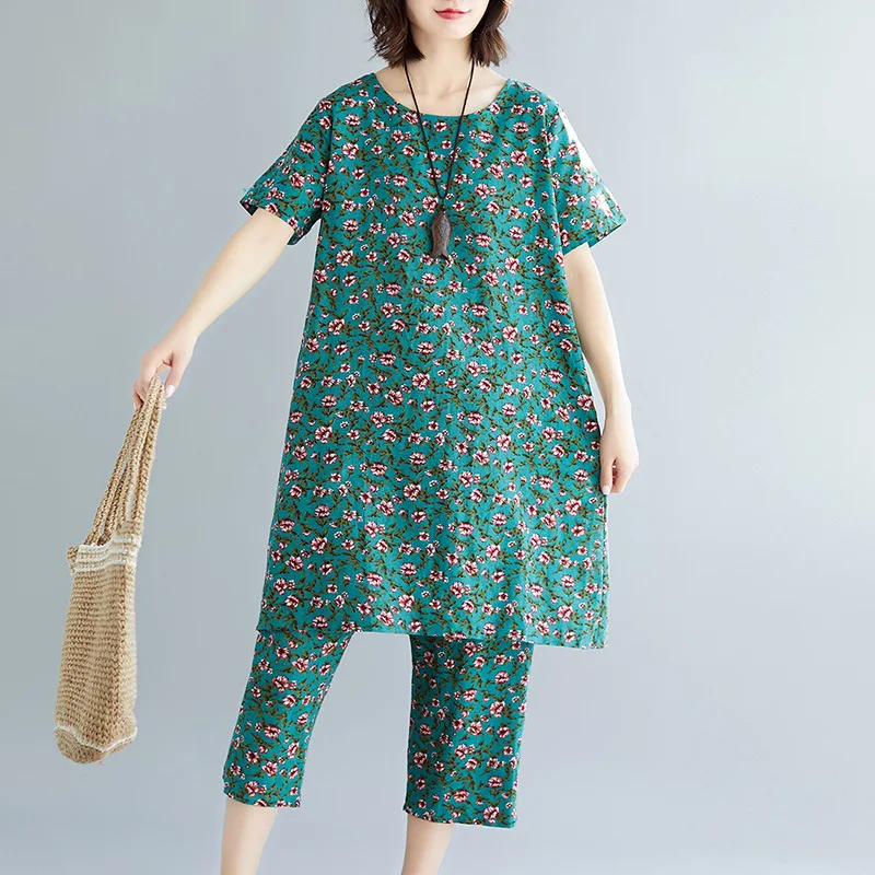 

Cotton Linen Floral Fashion Leisure Suit 2019 Summer New Style Ethnic-Style Large Size Loose Short Sleeve T-shirt + Capri Pants