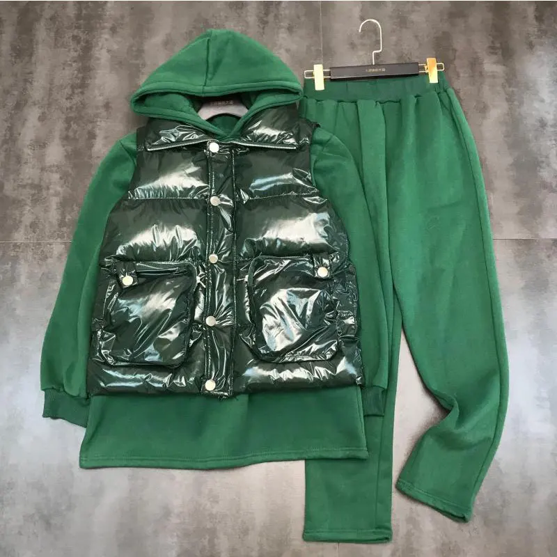 Green Winter Women's suit new fashion plus velvet color sweater casual pants cotton vest casual three-piece suit Women 3-piece - Цвет: Green