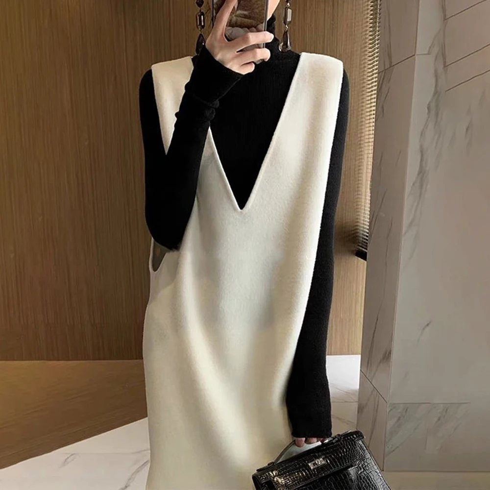 Dress For Women 2022 Korean Fashion Casual V-neck Spring Autumn New Solid Color Lantern Sleeve Mini Knitting Pullover Dresses long sleeve maxi dress