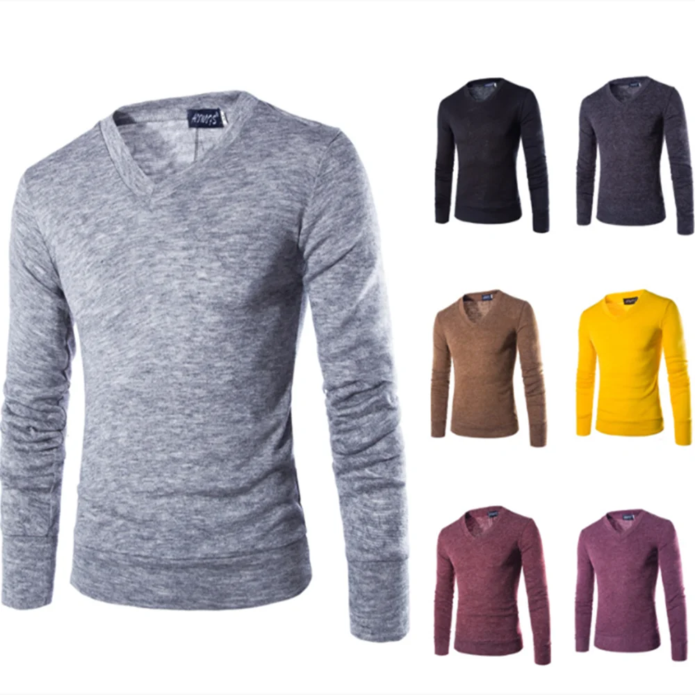 Модный мужской свитер, весна-осень, длинный рукав, VNeck, вязаная рубашка для мужчин, повседневная, мягкая, одноцветная, Мужская одежда, облегающий пуловер