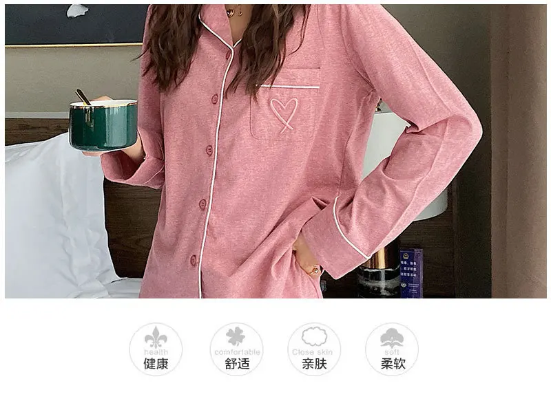 Color Cotton Long Sleeve Womens Pajama Suit Women Clothes Autumn Solid Full Length Pajamas Loungewear Two Piece Sleepwear