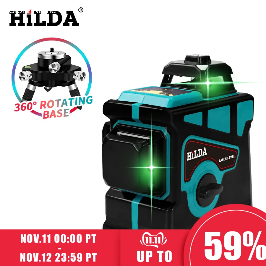 Billige HILDA Laser Level 12 Linien 3D Ebene Selbst Nivellierung 360 Horizontale Und Vertikale Kreuz Super Leistungsstarke Green Laser Level