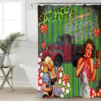 

Retro Girl Wood Grain Polka Love Car Shower Curtain Multi-size Waterproof Bathroom Curtains Home Decor