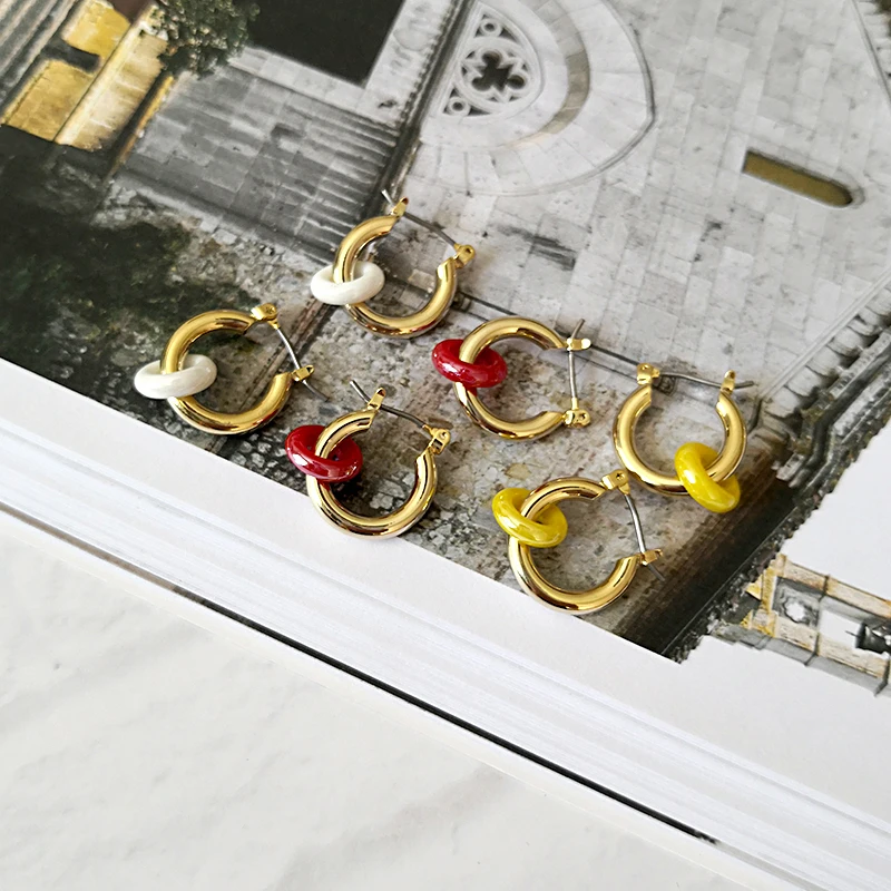 Peri'sBox новые твердые золотые серьги с маленькая акриловая обруч 3 цвета двойной круг серьги-кольца стильные серьги для женщин