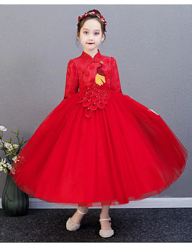 Платье принцессы с длинными рукавами и аппликацией павлина; Сетчатое платье-пачка для девочек; платье для свадебной вечеринки; платье для девочек; платье для дня рождения; костюмы для девочек - Цвет: red-long