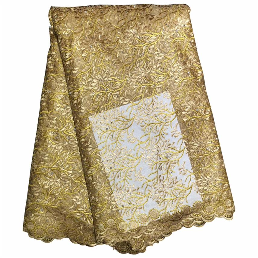 

2019 French Nigerian Lace Fabrics High Quality African Lace Fabric Gold Jacquard Guipure Embroidered Mesh Fabric for Party Dress