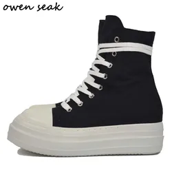 Owen Seak Women High-TOP Sneakers Canvas Shoes Luxury Trainers Platform Boots Lace Up Casual Height Increasing Zip Black PU Shoe