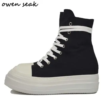 Owen Seak Women Canvas Shoes Luxury Trainers Platform Boots Lace Up Sneakers Casual Height Increasing Zip High-TOP Black Shoes 1