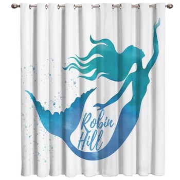 

Water Color Style Turquoise Mermaid Floral Fabric Kids Window Treatment Hardware Sets Curtains for the Kitchen Living Room