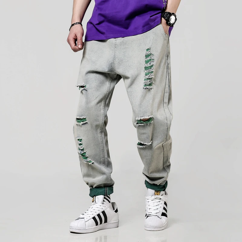 New Arrival Stylish Color Spliced Broken Hole Men's Pencil Denim Jeans Casual Street Harem Pants