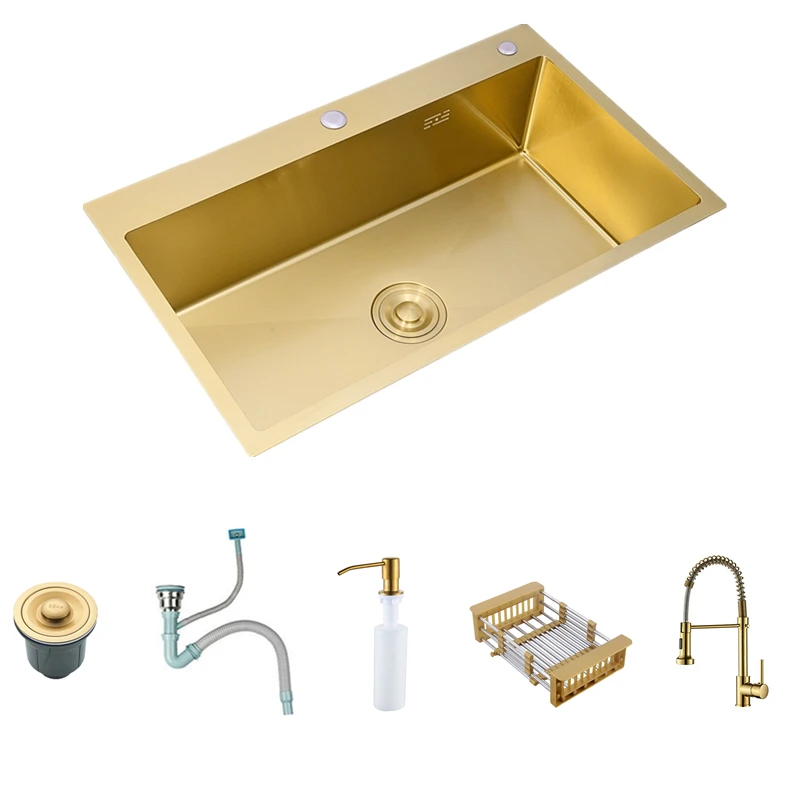 Dissipadores de cozinha de ouro escovado acima do contador ou udermount dissipadores de bacia de lavagem vegetal 304 aço inoxidável única tigela 68x45cm