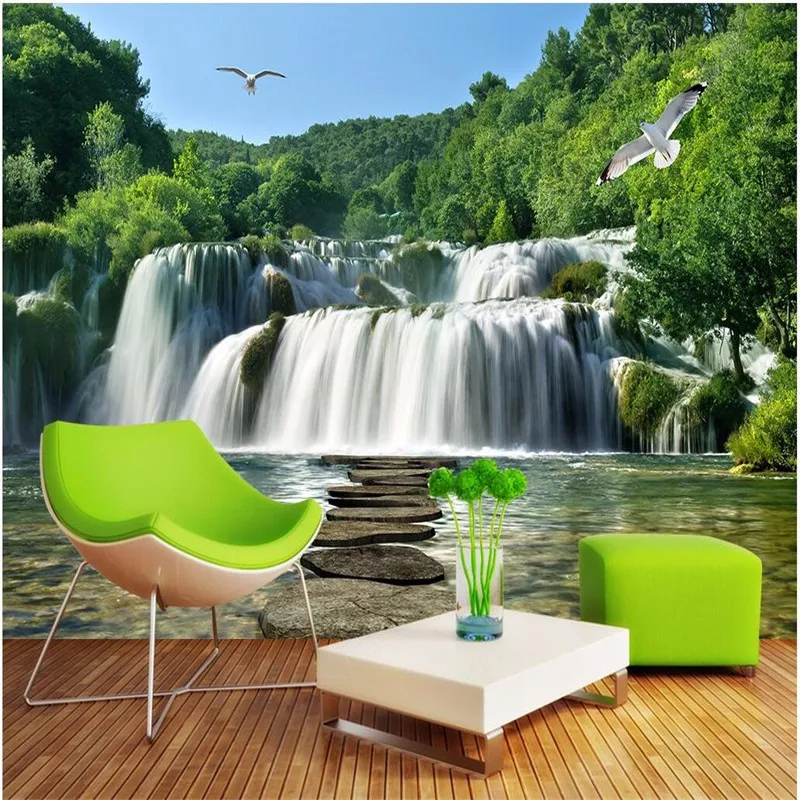 Custom-painting-for-living-room-Green-Forest-creek-waterfalls-art-Photos-background-photography-bedroom-mural-wall