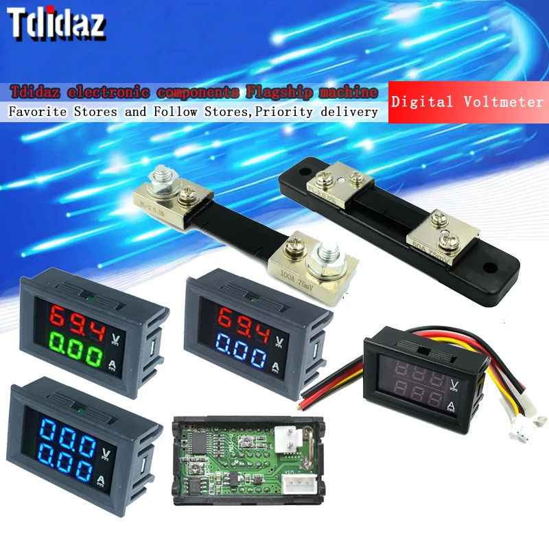 Digital Voltmeter Ammeter Mini DC 0-100V1A 10A 50A 100A LED Dual Display