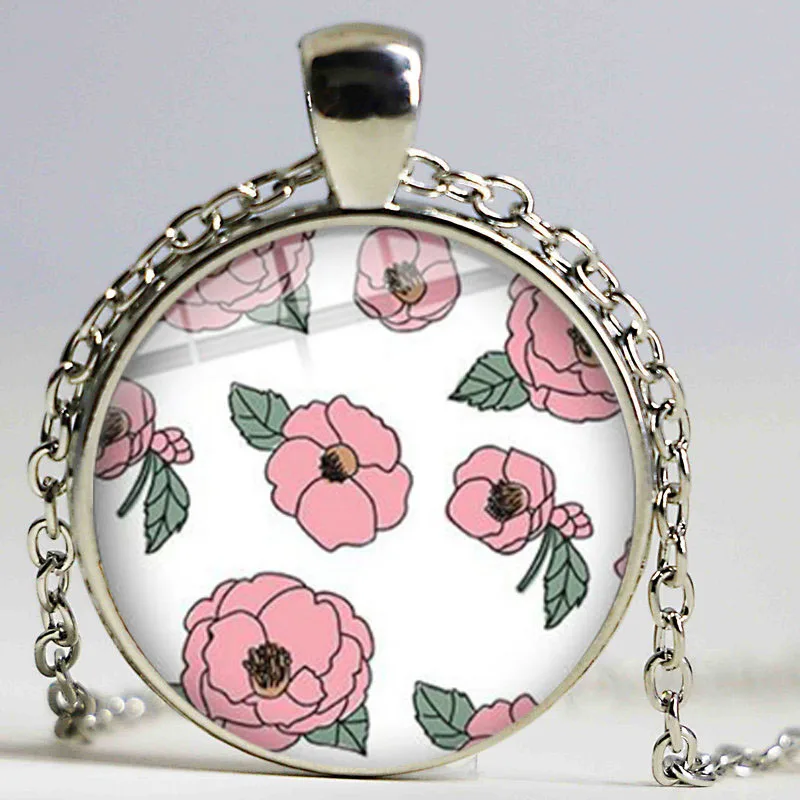 New Pink Flowers Pendant Necklace Rose Leaf Wave Line Art Pattern Glass Cabochon Silver Color Chain Jewelry for Women | Украшения и