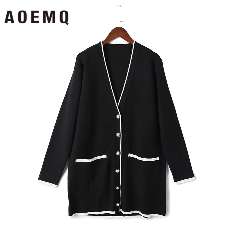 AOEMQ модный длинный кардиган, пальто, осенняя садовая верхняя одежда, пальто с v-образным вырезом, широкий кардиган, пальто с большими карманами, женская одежда