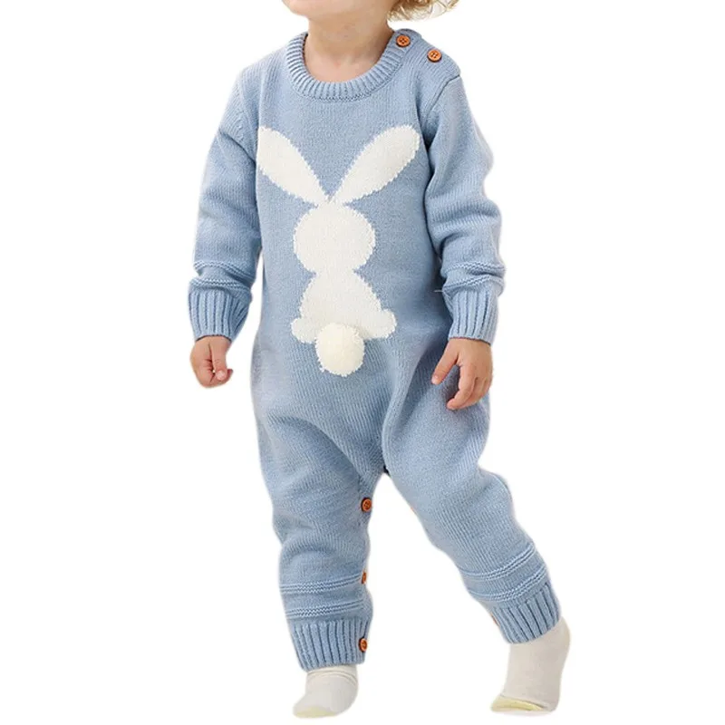 Детские Осенние Комбинезоны; комплекты для новорожденных; Детский комбинезон с рисунком кролика; комбинезон с длинными рукавами; Одежда для маленьких мальчиков; вязаная одежда для маленьких девочек - Цвет: Blue