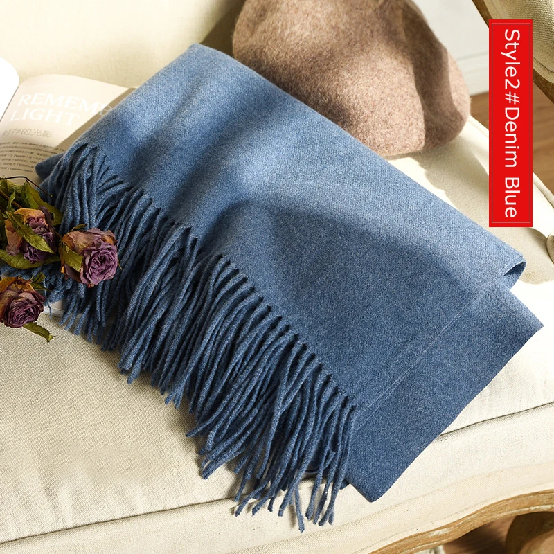 Style2 Denim Blue Высокое качество кашемировые шарфы женские новые зимние плотные теплые мягкие пашмины Шали Обертывания Твердые женские шерстяные длинные шарфы с кисточками - Цвет: Style2 Denim Blue