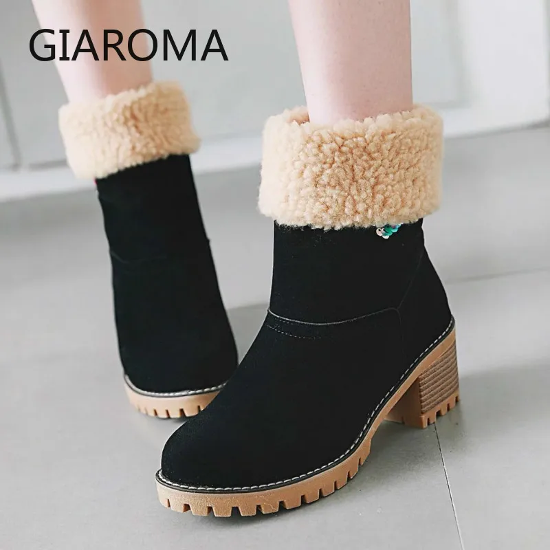 

Women High Heel Boots Winter Fur Plush Shoes Female Botine Femme Heart Pattern Ankle Boots Suede Heeled Boots Ladies Plus Size