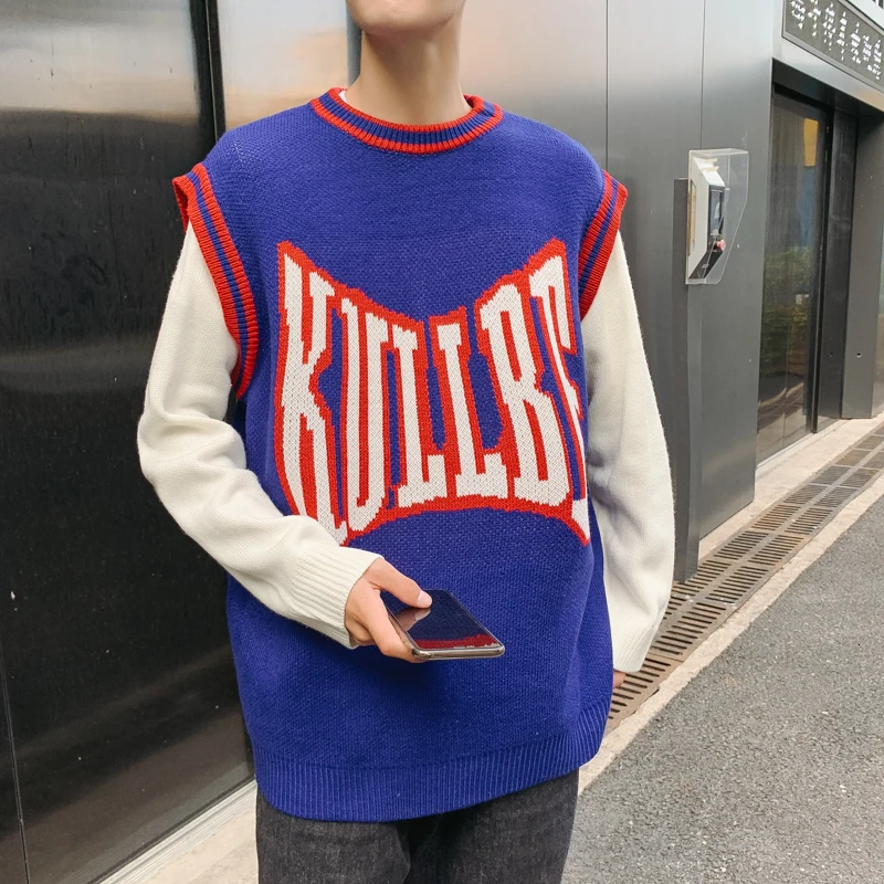 Winter Sweater Men Warm Fashion Contrast Color Letters Fake Two-piece Knit Sweater Man Wild Loose Pullover Sweter Clothes Men