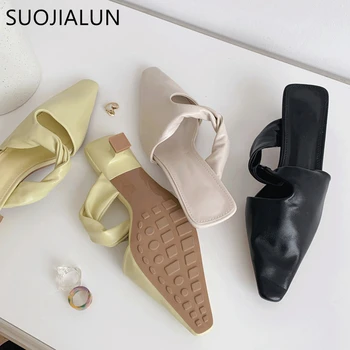 

SUOJIALUN 2021 Spring New Brand Women Slipper Elegant Bow-knot Sandal Pointed Toe Slip On Mules Outdoor Leisure Slides Shoes