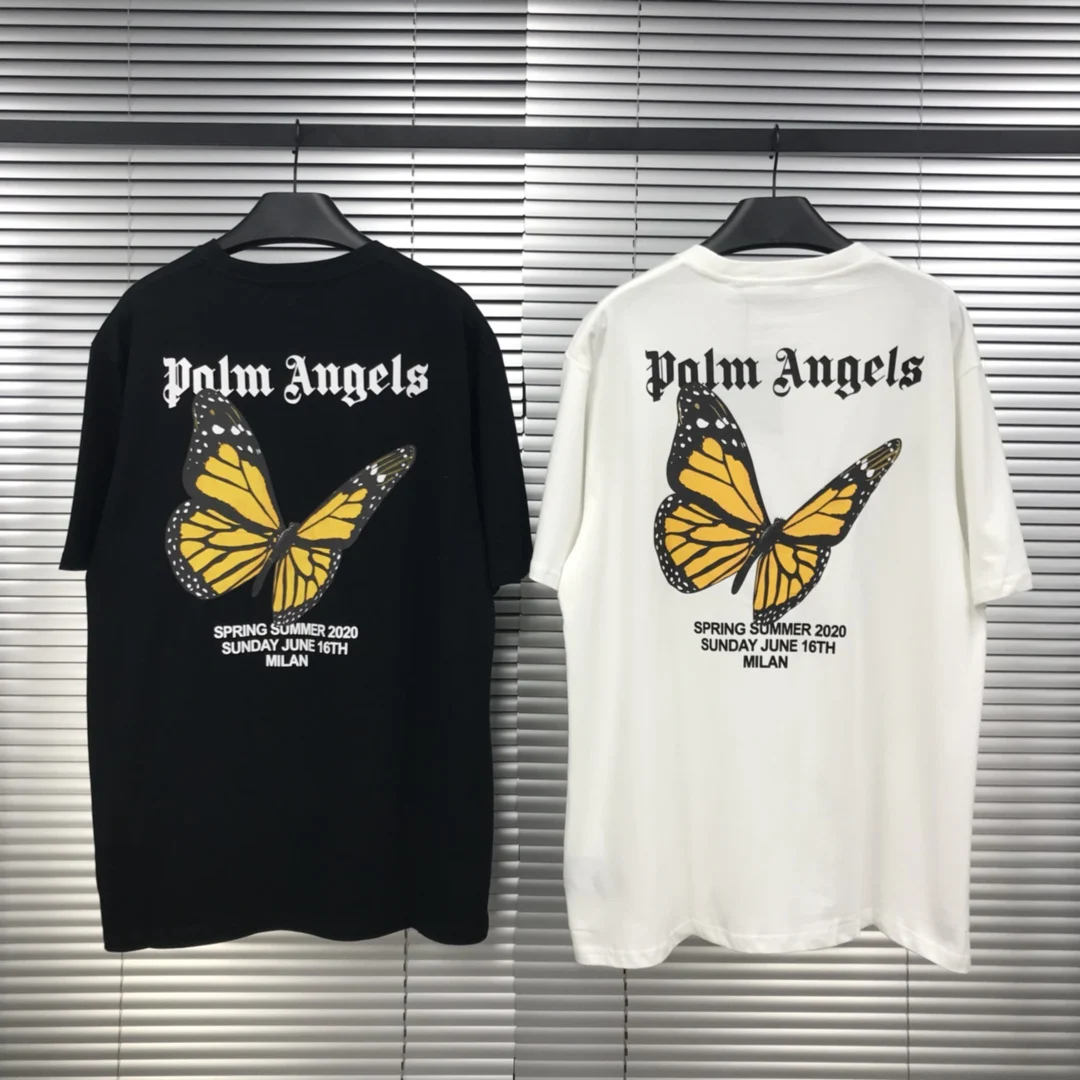 Palm Angels mariposa hombres mujeres Unisex amantes modelos de pareja de moda Casual de algodón de manga corta cuello redondo T camisa, regalo de novio
