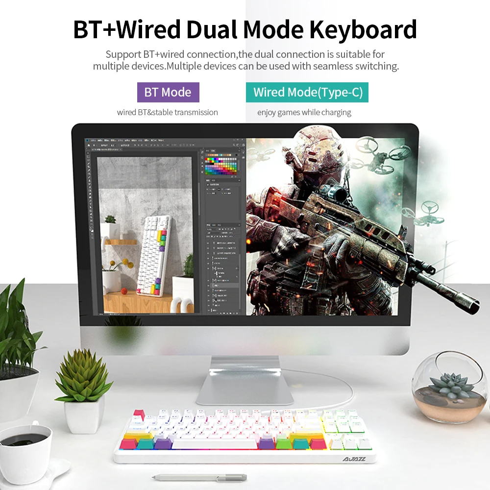 Клавиатура AJAZZ K870T Механическая для ПК BT и проводная Двухрежимная 87 клавиш RGB 2000 мА
