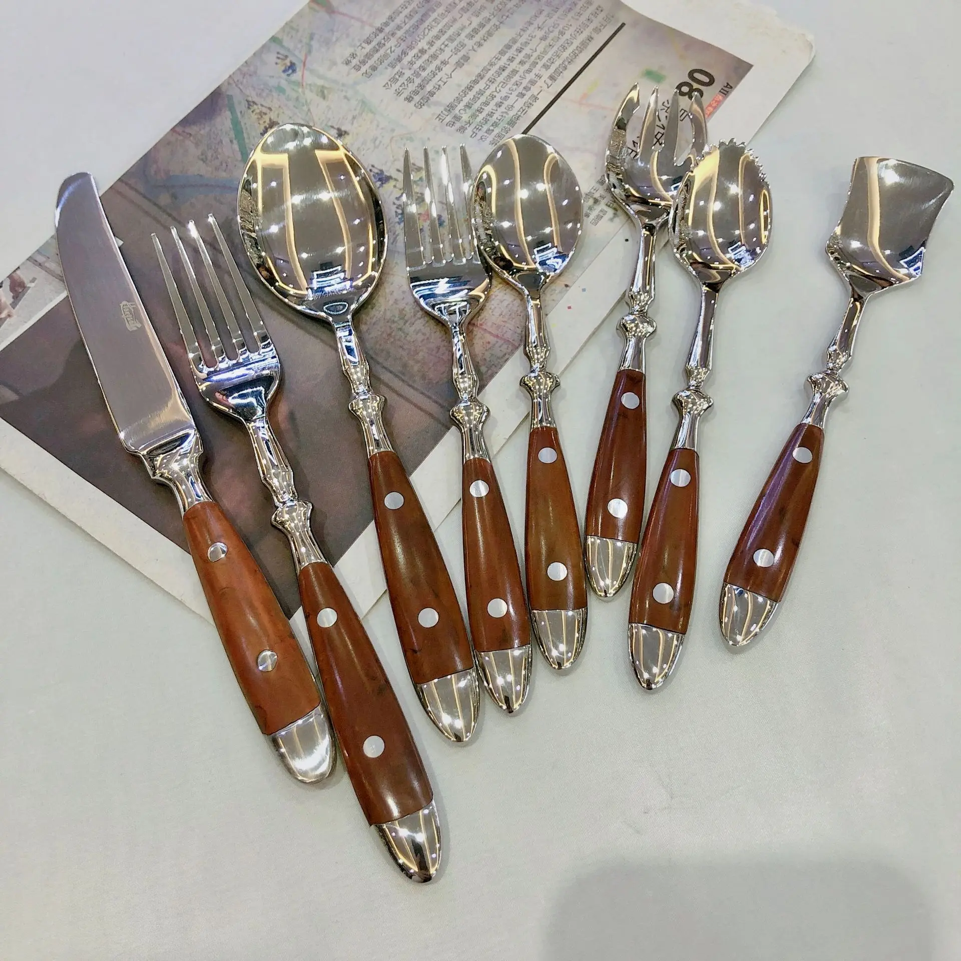 

Stainless Steel Western Tableware Set Two Knife, Fork, Spoon, Wooden Handle Knife, Fork, Spoon, Stainless Steel Knife, Spoon