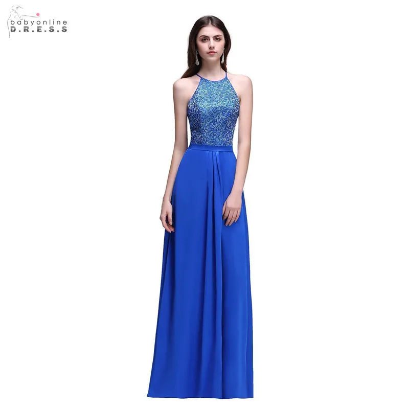 Ярко-синий длинный кружевной Вечерний Платье с бретелькой на шее vestido de festa сексуальные с открытой спиной А-силуэта вечерние платья со блестками