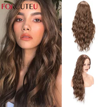 

FORCUTEU Black Curly Wig Long Synthetic Wigs For Women Middle Part Nature Hair High Temperature Fiber Pure Black Brown