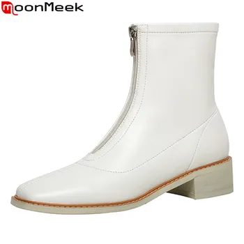 

MoonMeek 2021 New Arrival Fashion Ankle Boots Med Heels Square Toe With Zip Women Boots High Quality Winter Boots Black Brown