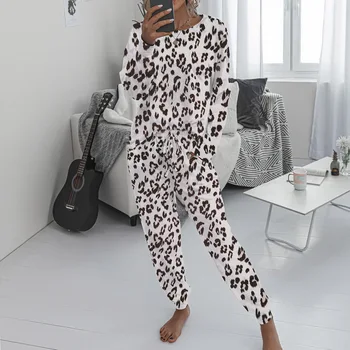 

Women Pajamas Set Casual Leopard Print Homewear Female Autumn Winter Pyjamas Long Pants Sleepwear Pajama 2-piece Set polyester