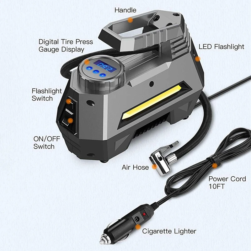 

Portable Air Compressor Tire Inflator - Car Tire Pump With Digital Pressure Gauge (150 Psi 12V Dc), Bright Emergency Flashlight