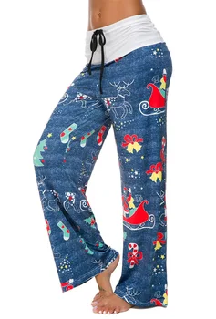

Christmas printing stitching casual wide leg pants new trousers plus size women womens pants
