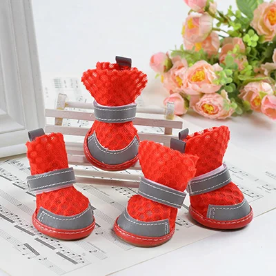 Dog Boots Small Dog Shoes Mesh Summer Booties For Dogs Anti Slip Pet Breathable Shoes Puppy Sneakers - Цвет: Красный