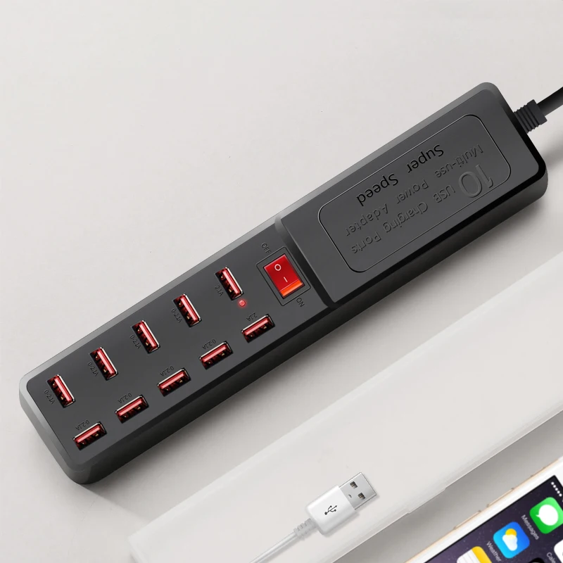

10 USB Extension Sockets max 12A Power Strip 1.8m Cord switched 5V 2.1A Surge Protector