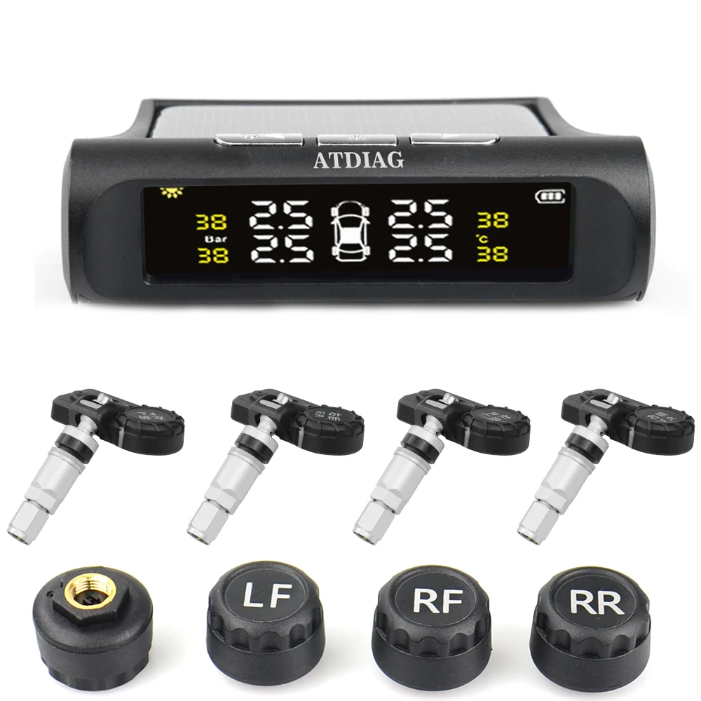 TPMS Wireless Tire Pressure Monitoring System Solar Power Clock LCD Display 4 External/Internal Sensor Tire Pressure Sensors