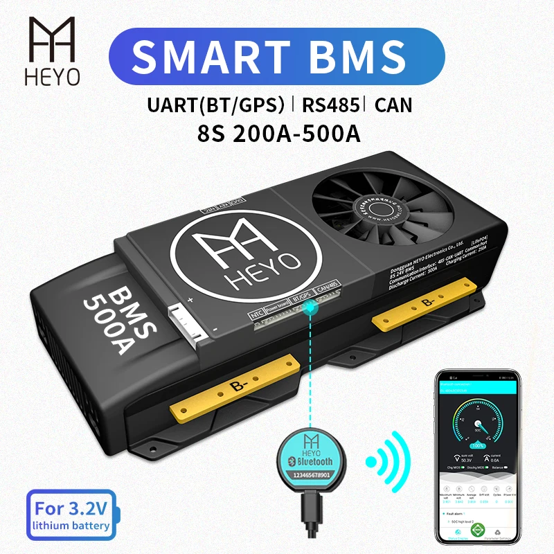 HEYO Smart BMS LiFepo4 Lipo 8S 24V 200A 250A 300A 400A 500A Bluetooth BT GPS USB для UART RS485 NTC батарея с вентилятором e