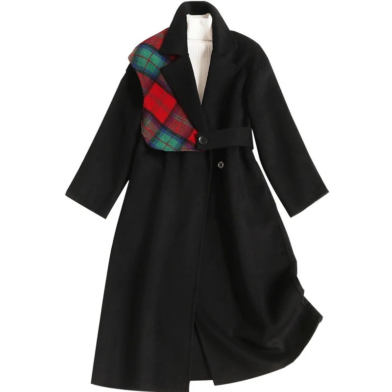 

New 2019 Double-sided Cashmere Coat Women Winter Retro Plaid Patchwork Jacket Loose Long Warm Woolen Coat Cashmere Coat Female