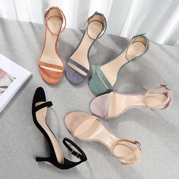 

2020 New Summer Sandals Women Solid High Heels Shoes Woman Flock Ankle Strap Thin Heels Elegant Casual Party Wedding Shoes Pumps