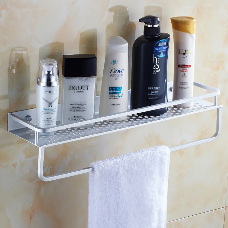 

Hotel Engineering Alumimum Tray Storage Shelf Hole Punched Sanitary Ware Cosmetics Storage Wall Rack Manufacturers Wholesale