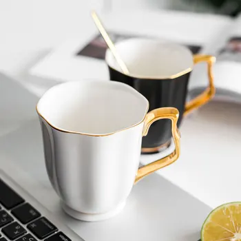 

MEILING Simple Porcelain White Black Mugs Drinkware Breakfast Coffee Tea Milk Cups Ceramic Travel Mug Gold Rim Kitchen Office