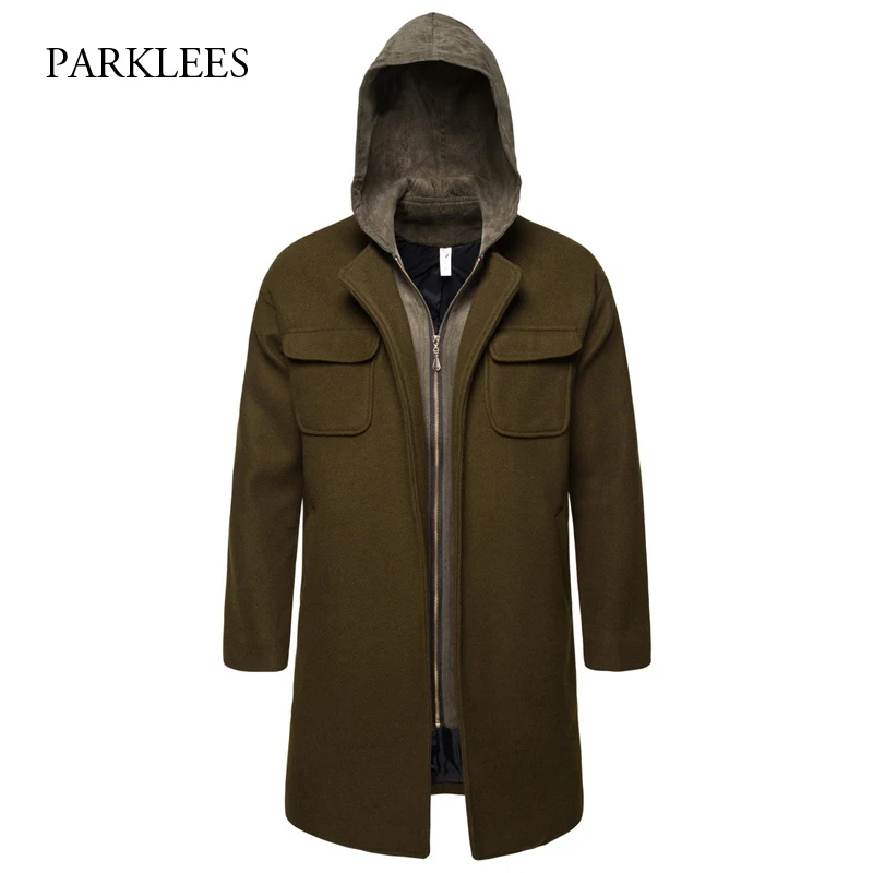 Fake Two Piece Men's Woolen Trench Coat 2019 Winter Army Green Hooded Zipper Windbreaker Men Casual Long Manteau Homme Fake Two Piece Men's Woolen Trench Coat 2019 Winter Army Green Hooded Zipper Windbreaker Men Casual Long Manteau Homme